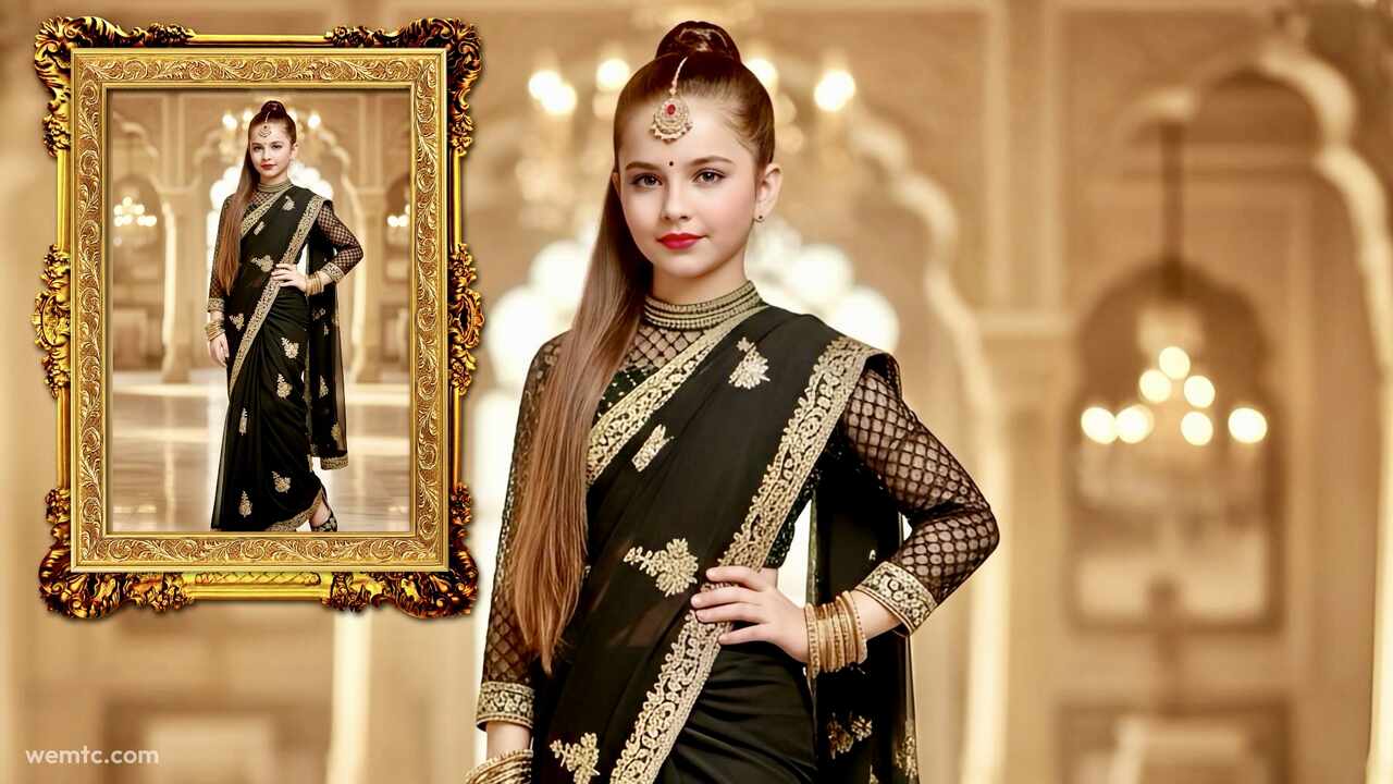 Gemini AI Saree Prompt – Black Chiffon Saree with Gold Embroidery