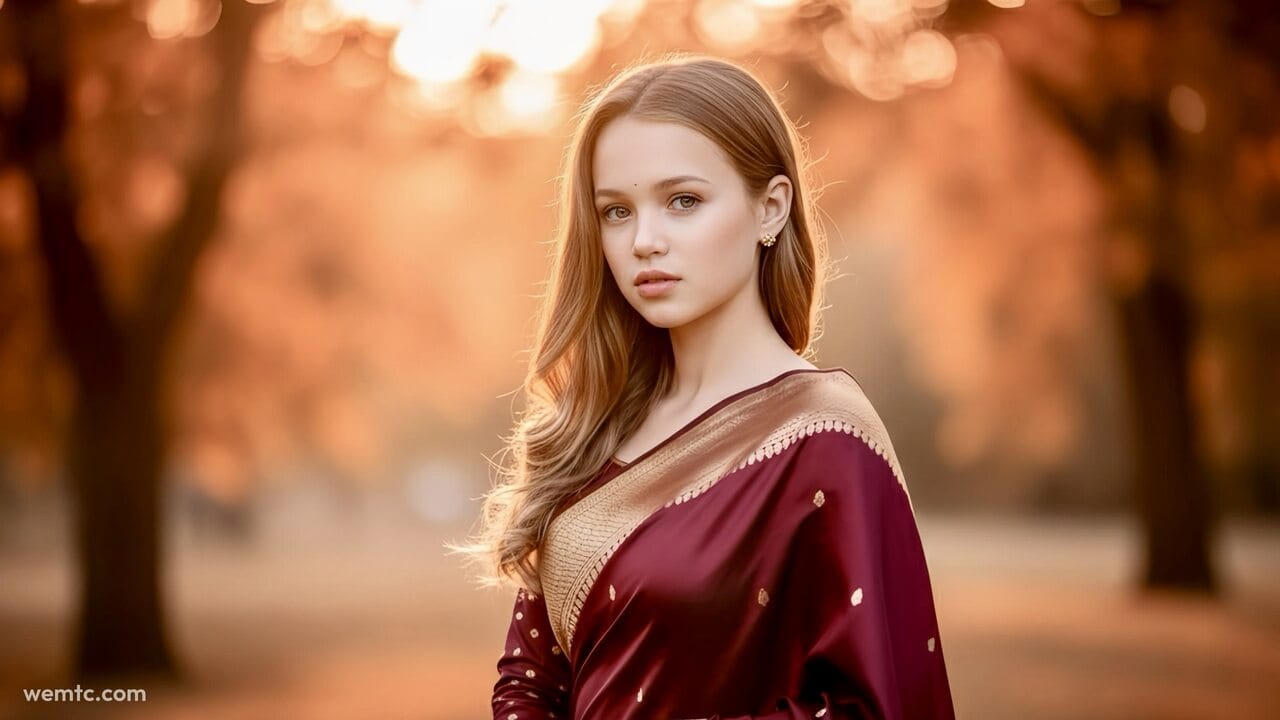 Google Gemini Prompt AI Saree – Maroon Zari Silk Outdoor Portrait for Girls