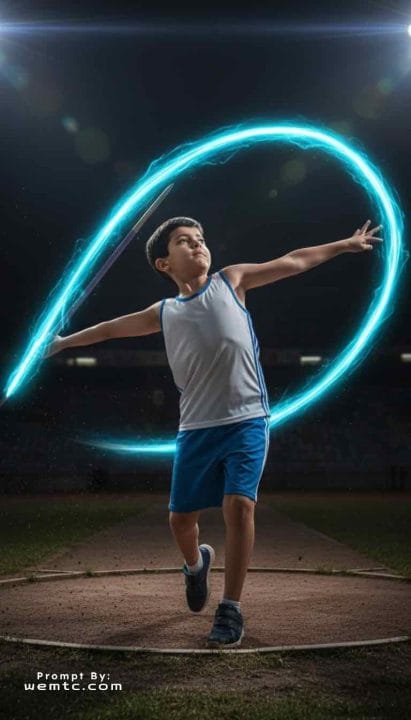 Athletics - Javelin Throw a mid-throw arc, dirt particles, stadium glow
