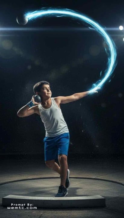 Athletics - Shot Put - explosive release, sweat particles, motion blur