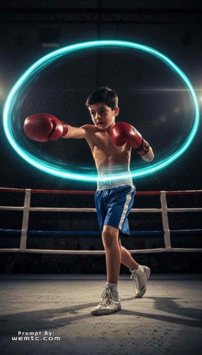 Boxing - right hook impact, sweat burst, arena lighting