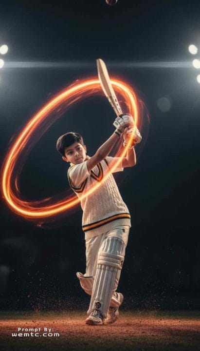Cricket Batsman - bat swing arc, cinematic sports photography