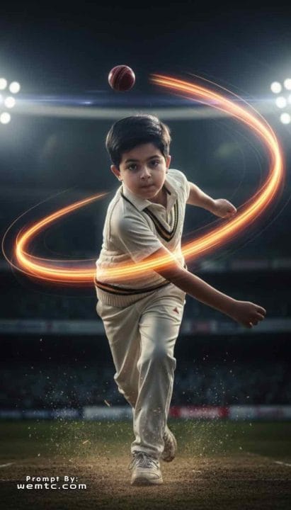 Cricket Bowler - fast ball action, stadium lighting, motion blur