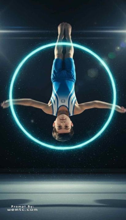 Olympic Gymnast - mid-air flip, chalk dust, spotlight glow