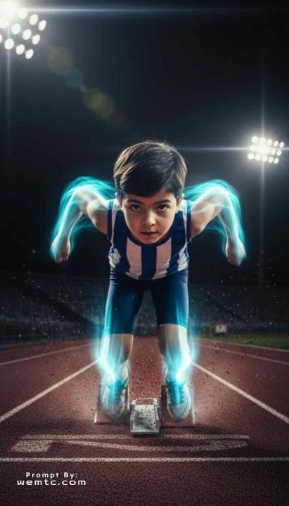 Olympic Sprinter - starting block launch, track particles, motion trail