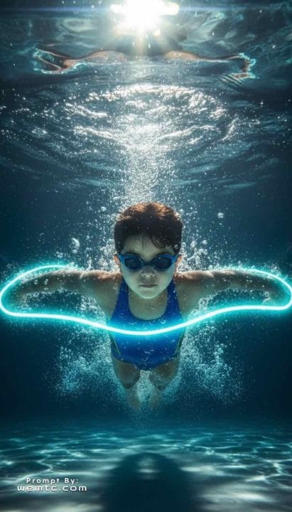 Olympic Swimmer - underwater stroke, light rays, bubble trail