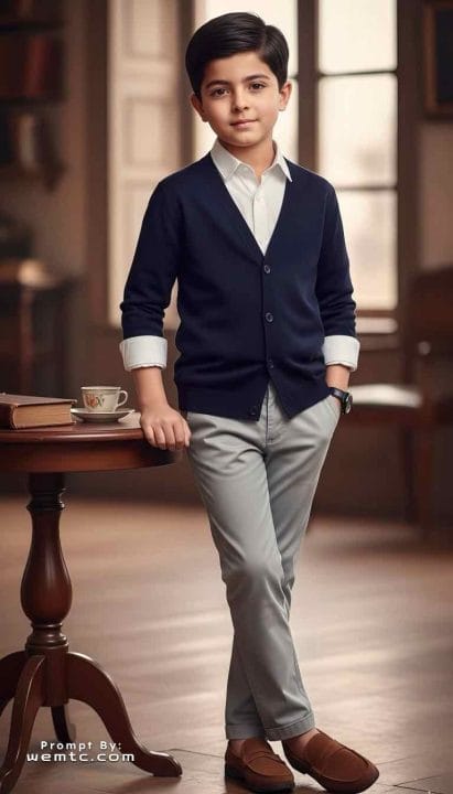 Scholarly Cardigan Pose - stylish boy portrait prompts
