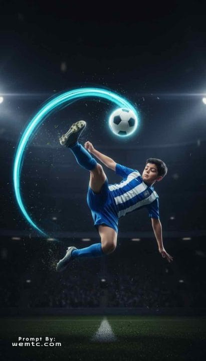 Soccer Bicycle Kick - aerial strike, glowing trail, stadium drama