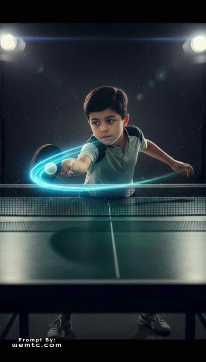 Table Tennis Player - smash motion, studio lighting, sweat particles