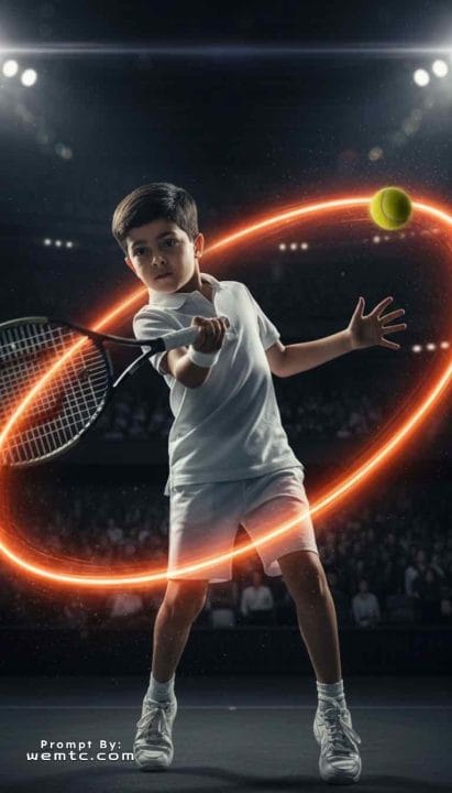 Tennis Player - forehand power, glowing trail, sweat particles