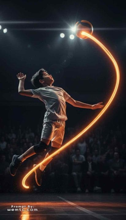 Volleyball Player - mid-air spike, arena lighting, dynamic framing