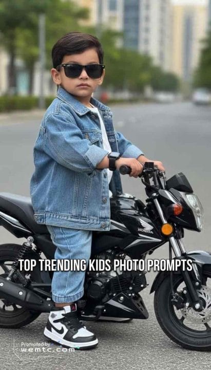 Urban street bike style toddler portrait gemini nano banana